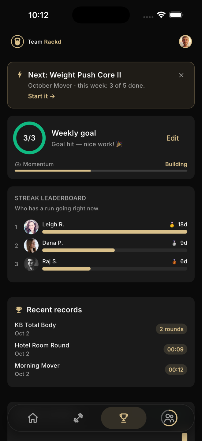 Rackd progress screen — the weekly goal ring, a streak leaderboard of friends, and recent records
