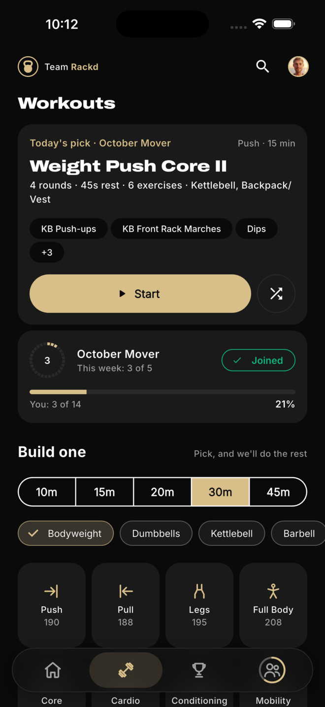 Rackd Workouts screen — today's pick from the coach's challenge, a shuffle button, and Build one filtered by time and gear